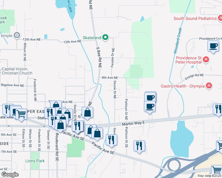 map of restaurants, bars, coffee shops, grocery stores, and more near 421 Devoe Street Northeast in Olympia