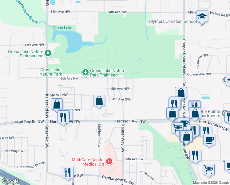 map of restaurants, bars, coffee shops, grocery stores, and more near 426 Bungalow Drive Northwest in Olympia