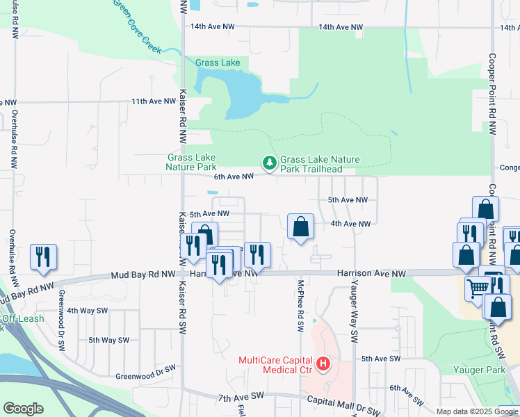 map of restaurants, bars, coffee shops, grocery stores, and more near 523 Cozy Drive Northwest in Olympia