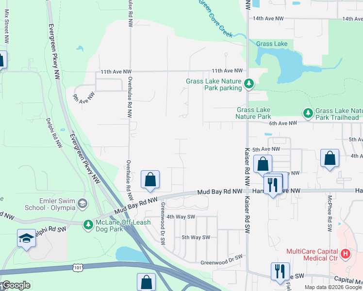 map of restaurants, bars, coffee shops, grocery stores, and more near 4021 11th Avenue Northwest in Olympia