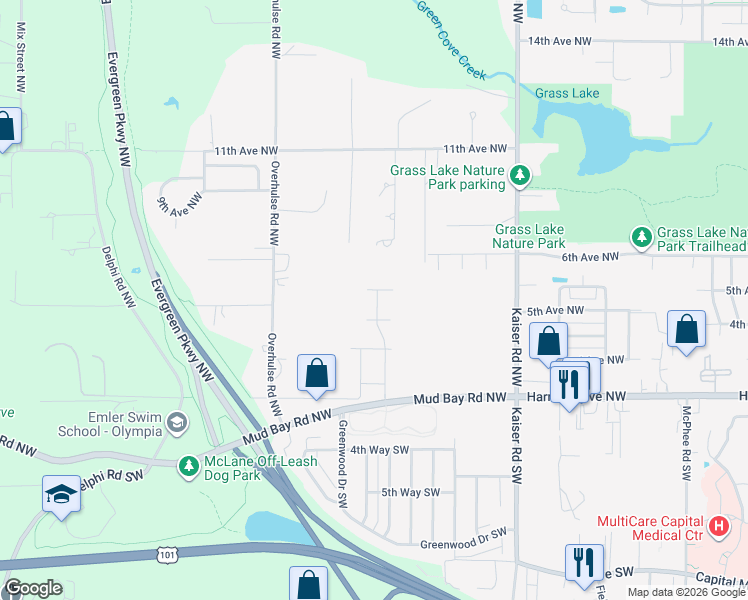 map of restaurants, bars, coffee shops, grocery stores, and more near 700 Narnia Lane Northwest in Olympia