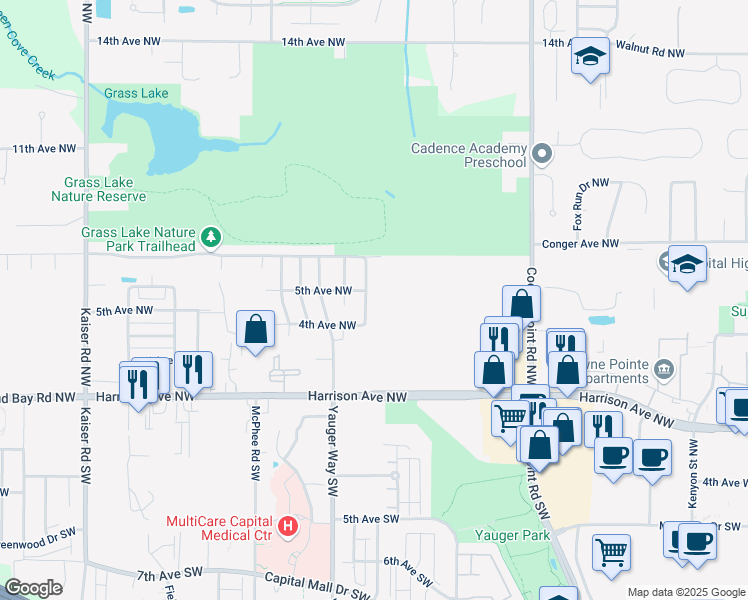 map of restaurants, bars, coffee shops, grocery stores, and more near 506 Grass Lake Street Northwest in Olympia