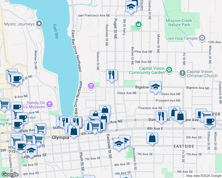 map of restaurants, bars, coffee shops, grocery stores, and more near 1115 Bigelow Avenue Northeast in Olympia