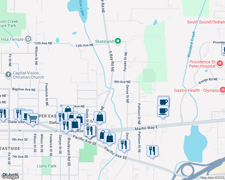 map of restaurants, bars, coffee shops, grocery stores, and more near 719 South Bay Road Northeast in Olympia