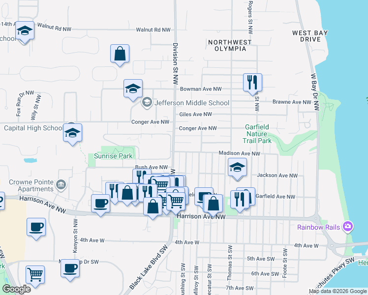 map of restaurants, bars, coffee shops, grocery stores, and more near 1906 Scammell Avenue Northwest in Olympia