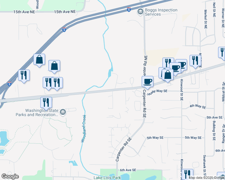 map of restaurants, bars, coffee shops, grocery stores, and more near 6106 Martin Way Southeast in Lacey