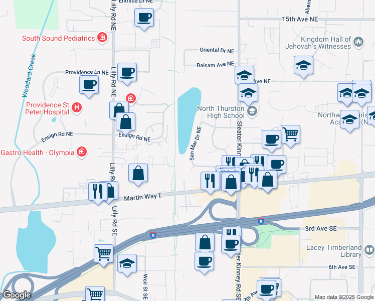 map of restaurants, bars, coffee shops, grocery stores, and more near 259 San Mar Drive Northeast in Olympia