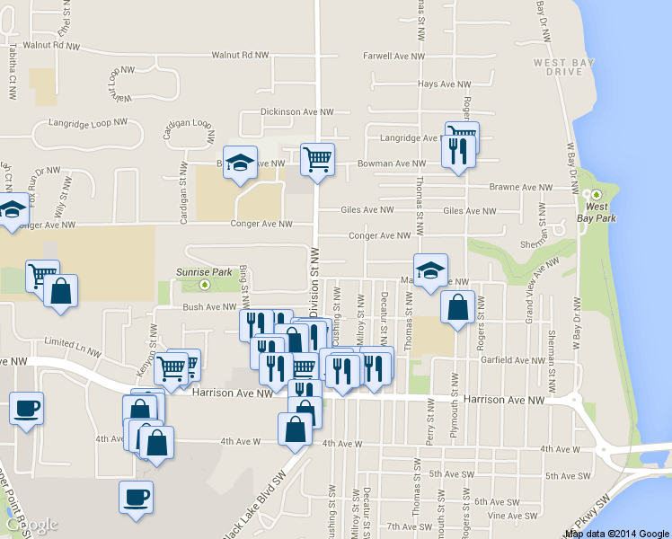 map of restaurants, bars, coffee shops, grocery stores, and more near 1906 Scammell Avenue Northwest in Olympia