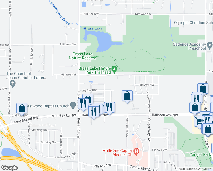 map of restaurants, bars, coffee shops, grocery stores, and more near 518 Oso Berry Street Northwest in Olympia