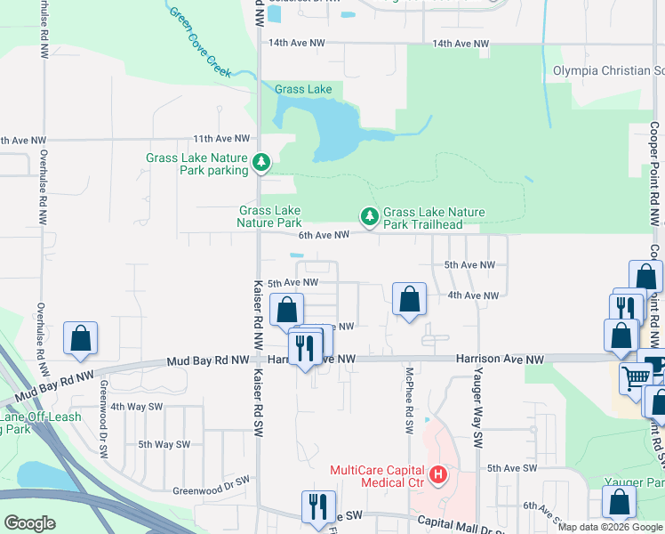map of restaurants, bars, coffee shops, grocery stores, and more near 518 Oso Berry Street Northwest in Olympia