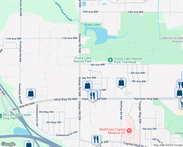 map of restaurants, bars, coffee shops, grocery stores, and more near 4412 Oso Berry Street Northwest in Olympia