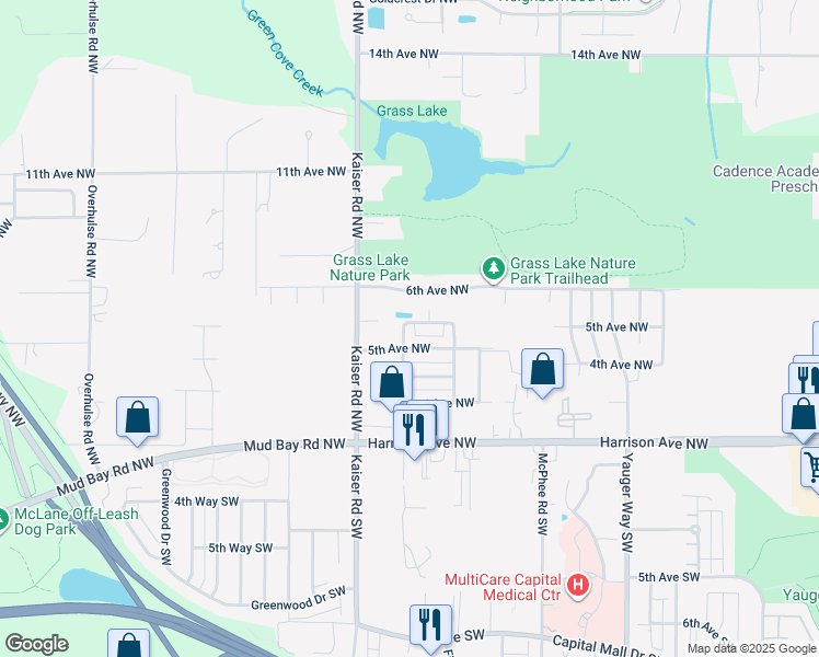 map of restaurants, bars, coffee shops, grocery stores, and more near 4412 Oso Berry Street Northwest in Olympia