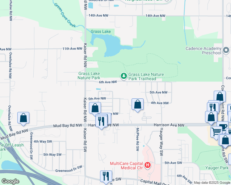 map of restaurants, bars, coffee shops, grocery stores, and more near 518 Oso Berry St NW in Olympia