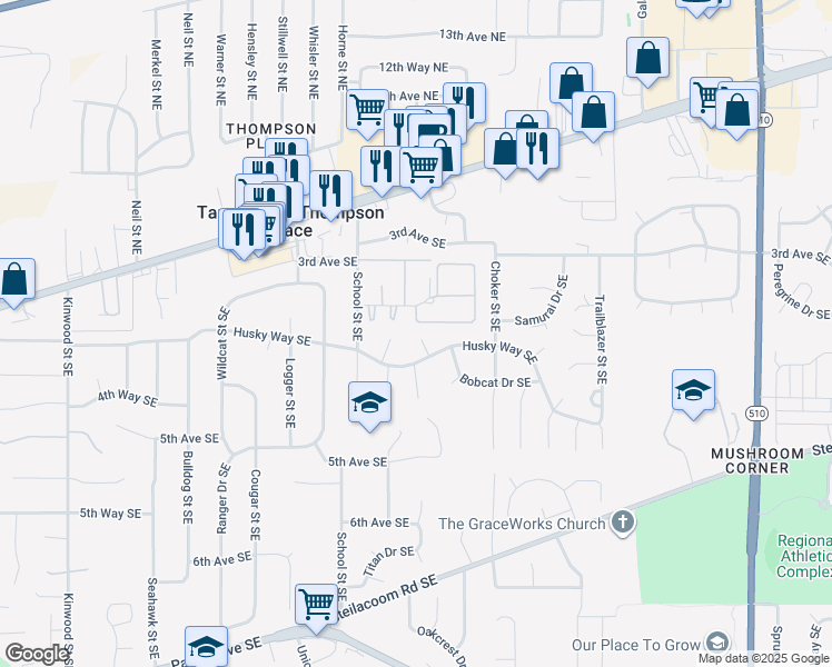 map of restaurants, bars, coffee shops, grocery stores, and more near 338 Ram Court Southeast in Olympia