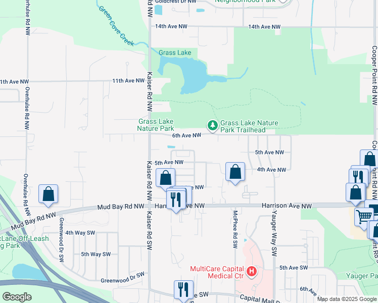 map of restaurants, bars, coffee shops, grocery stores, and more near 518 Oso Berry Street Northwest in Olympia