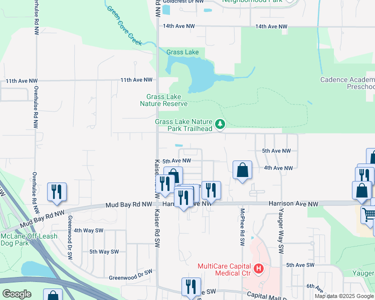 map of restaurants, bars, coffee shops, grocery stores, and more near 4412 Oso Berry Street Northwest in Olympia