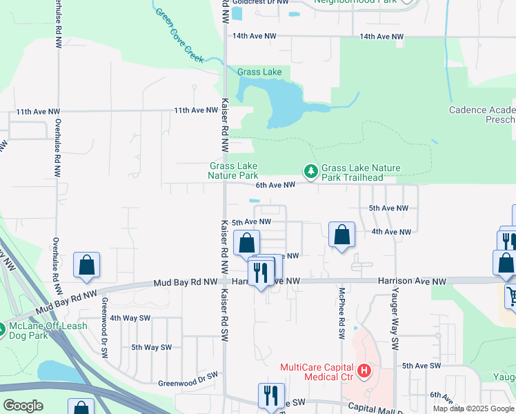 map of restaurants, bars, coffee shops, grocery stores, and more near 4412 Oso Berry Street Northwest in Olympia