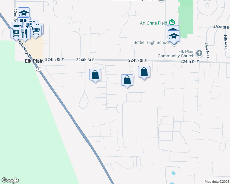 map of restaurants, bars, coffee shops, grocery stores, and more near 22705 32nd Avenue East in Spanaway