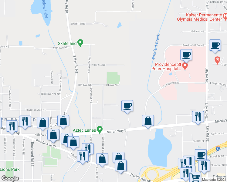 map of restaurants, bars, coffee shops, grocery stores, and more near 604 Pattison Street Northeast in Olympia