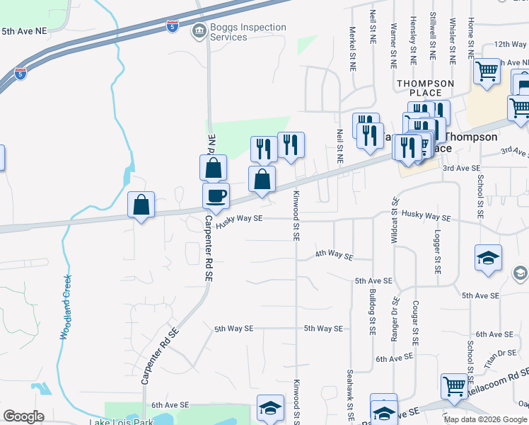 map of restaurants, bars, coffee shops, grocery stores, and more near 6708 Husky Way Southeast in Olympia