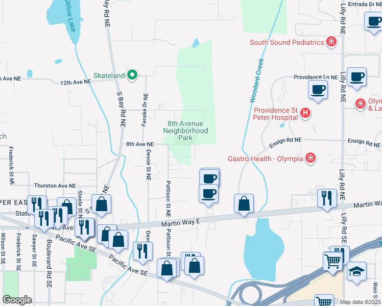 map of restaurants, bars, coffee shops, grocery stores, and more near 604 Pattison Street Northeast in Olympia