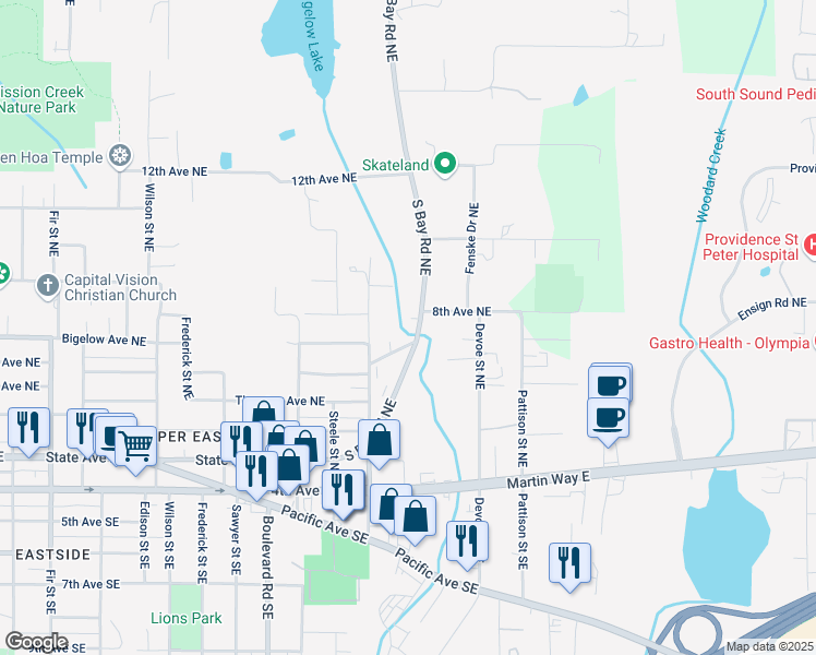 map of restaurants, bars, coffee shops, grocery stores, and more near 719 South Bay Road Northeast in Olympia