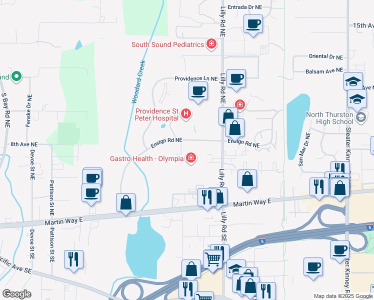 map of restaurants, bars, coffee shops, grocery stores, and more near 3425 Ensign Road Northeast in Olympia
