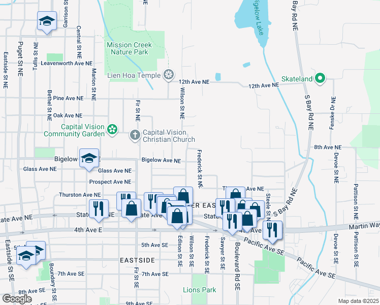 map of restaurants, bars, coffee shops, grocery stores, and more near 707 Frederick Street Northeast in Olympia