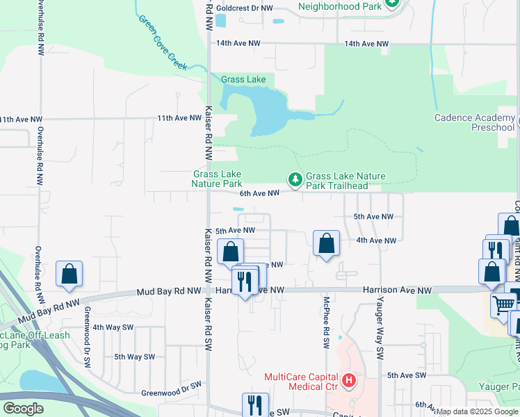 map of restaurants, bars, coffee shops, grocery stores, and more near 518 Oso Berry Street Northwest in Olympia