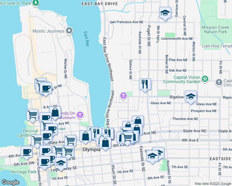 map of restaurants, bars, coffee shops, grocery stores, and more near 900 East Bay Drive Northeast in Olympia
