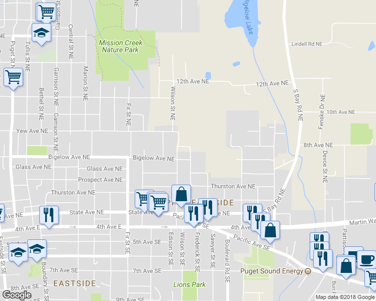 map of restaurants, bars, coffee shops, grocery stores, and more near 707 Frederick Street Northeast in Olympia