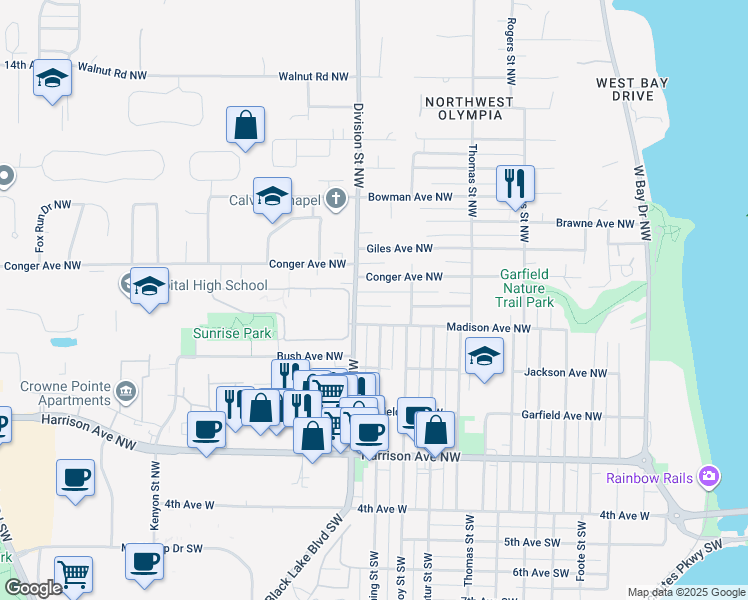 map of restaurants, bars, coffee shops, grocery stores, and more near 1906 Scammell Avenue Northwest in Olympia