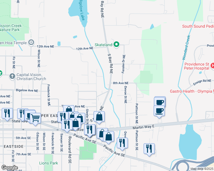 map of restaurants, bars, coffee shops, grocery stores, and more near 719 South Bay Road Northeast in Olympia
