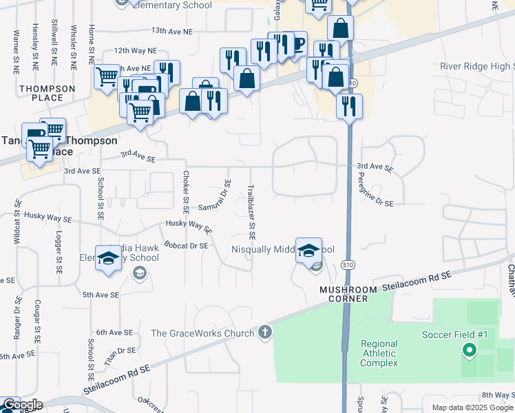 map of restaurants, bars, coffee shops, grocery stores, and more near 332 Trailblazer Street Southeast in Olympia