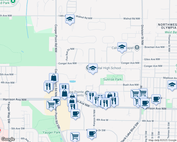 map of restaurants, bars, coffee shops, grocery stores, and more near 2707 Conger Avenue Northwest in Olympia