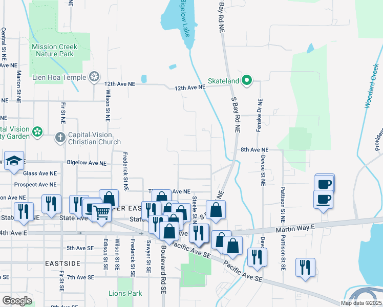 map of restaurants, bars, coffee shops, grocery stores, and more near 2425 Mitchell Avenue Northeast in Olympia