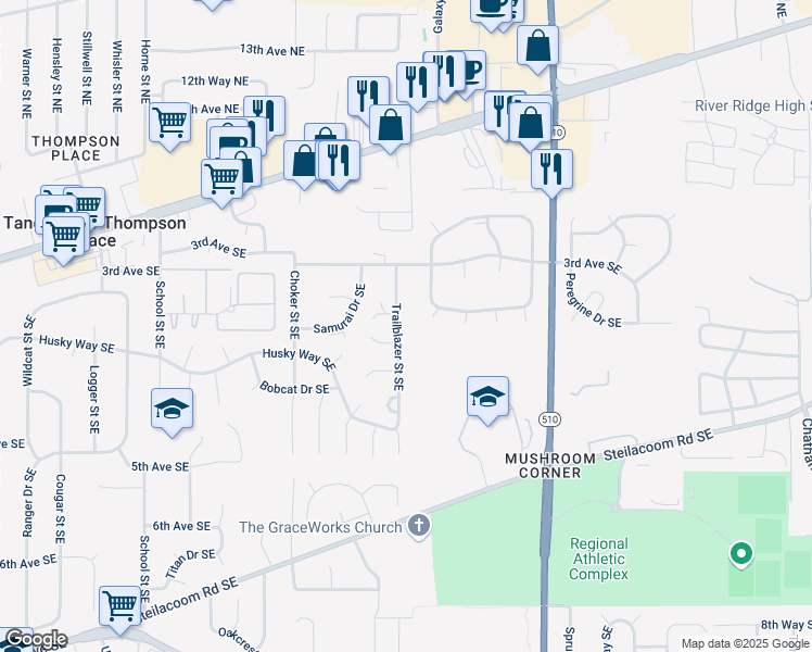map of restaurants, bars, coffee shops, grocery stores, and more near 332 Trailblazer Street Southeast in Olympia