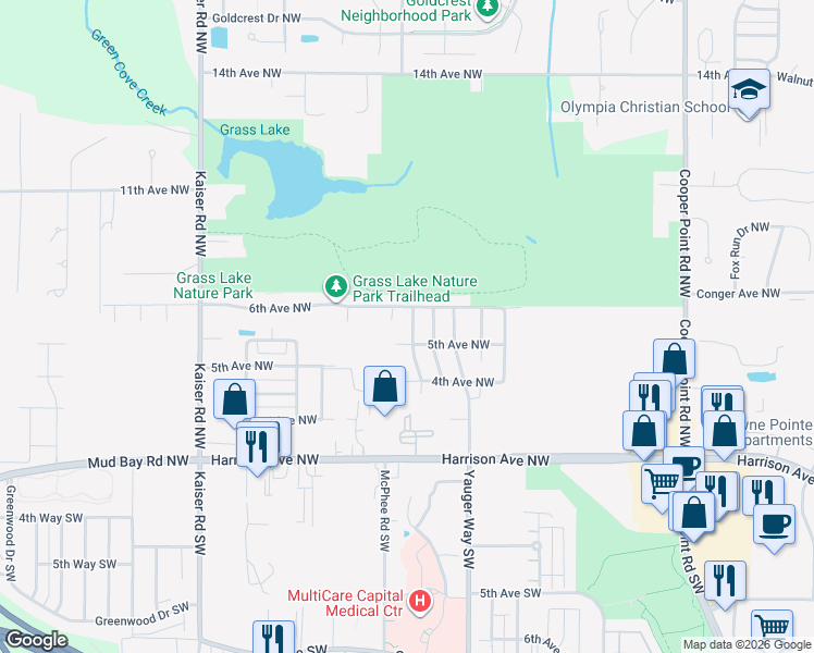 map of restaurants, bars, coffee shops, grocery stores, and more near 517 Craftsman Drive Northwest in Olympia