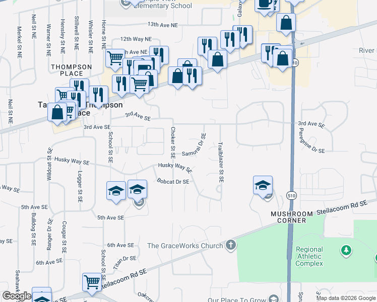 map of restaurants, bars, coffee shops, grocery stores, and more near 7816 Samurai Drive Southeast in Olympia