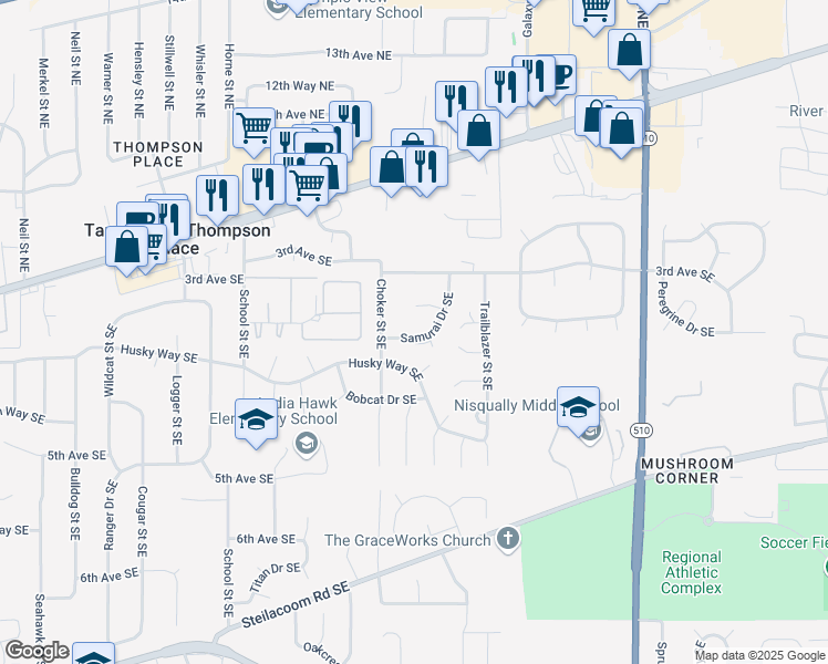 map of restaurants, bars, coffee shops, grocery stores, and more near 7816 Samurai Drive Southeast in Olympia