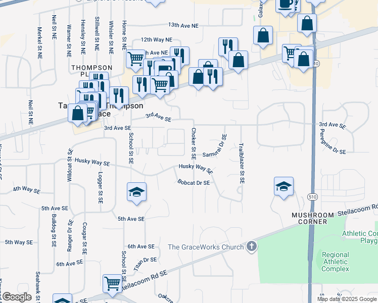 map of restaurants, bars, coffee shops, grocery stores, and more near 333a Choker Drive Southeast in Lacey