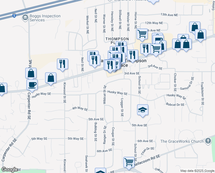 map of restaurants, bars, coffee shops, grocery stores, and more near 7123 Husky Way Southeast in Olympia