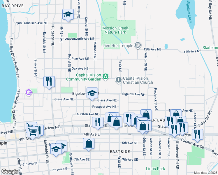 map of restaurants, bars, coffee shops, grocery stores, and more near 1634 Bigelow Avenue Northeast in Olympia