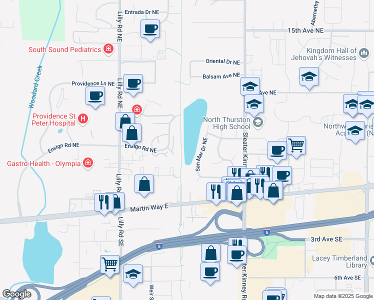 map of restaurants, bars, coffee shops, grocery stores, and more near 259 San Mar Drive Northeast in Olympia