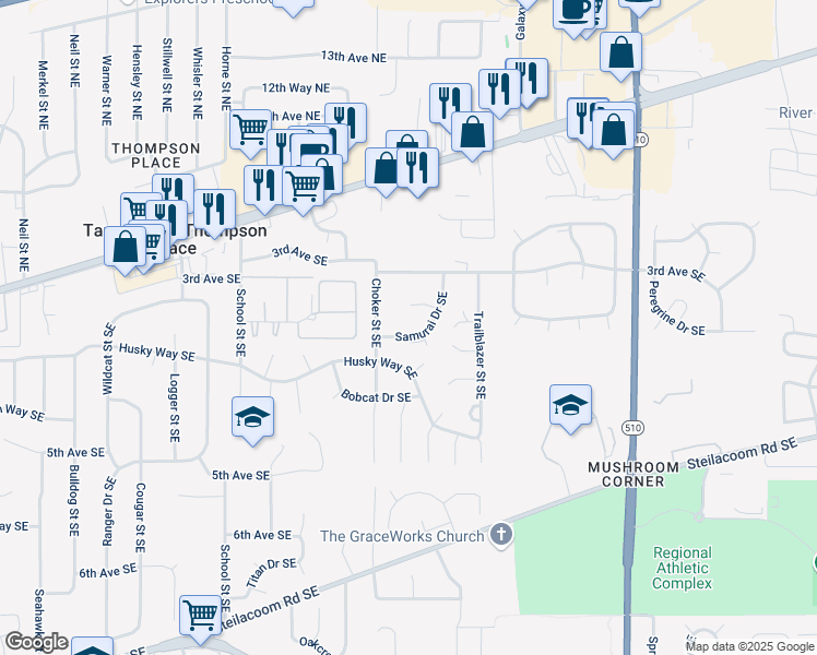 map of restaurants, bars, coffee shops, grocery stores, and more near 7816 Samurai Drive Southeast in Olympia