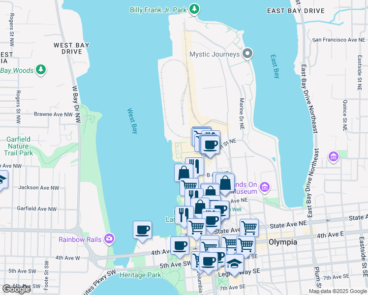 map of restaurants, bars, coffee shops, grocery stores, and more near 724 Columbia Street Northwest in Olympia