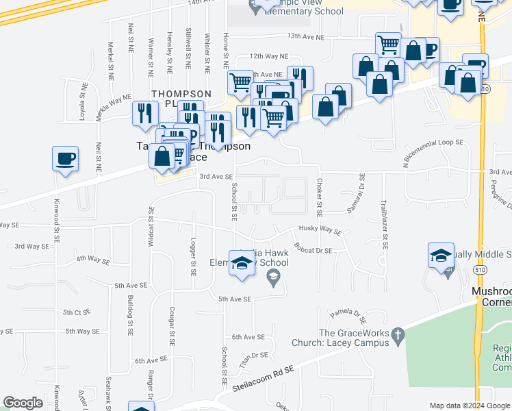 map of restaurants, bars, coffee shops, grocery stores, and more near 7627 3rd Way Southeast in Olympia