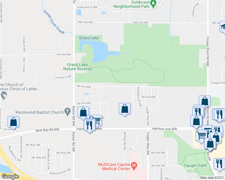 map of restaurants, bars, coffee shops, grocery stores, and more near 523 Cozy Dr NW in Olympia