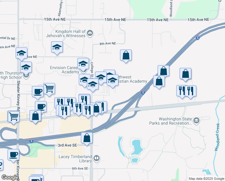 map of restaurants, bars, coffee shops, grocery stores, and more near 4710 Park Center Avenue Northeast in Lacey