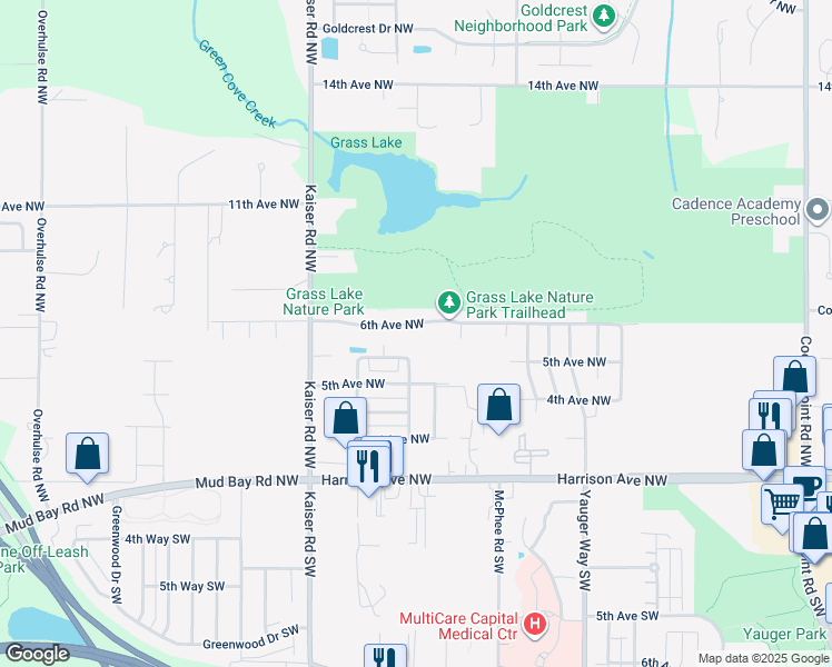 map of restaurants, bars, coffee shops, grocery stores, and more near 518 Oso Berry Street Northwest in Olympia